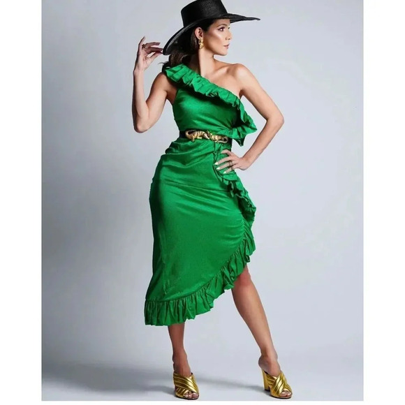 The Attico Frill Asymmetrical Emerald Green Midi Dress - Picture 1 of 14